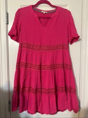 Kate & Sam Hot Pink Dress with Embroidered Neck Trim
